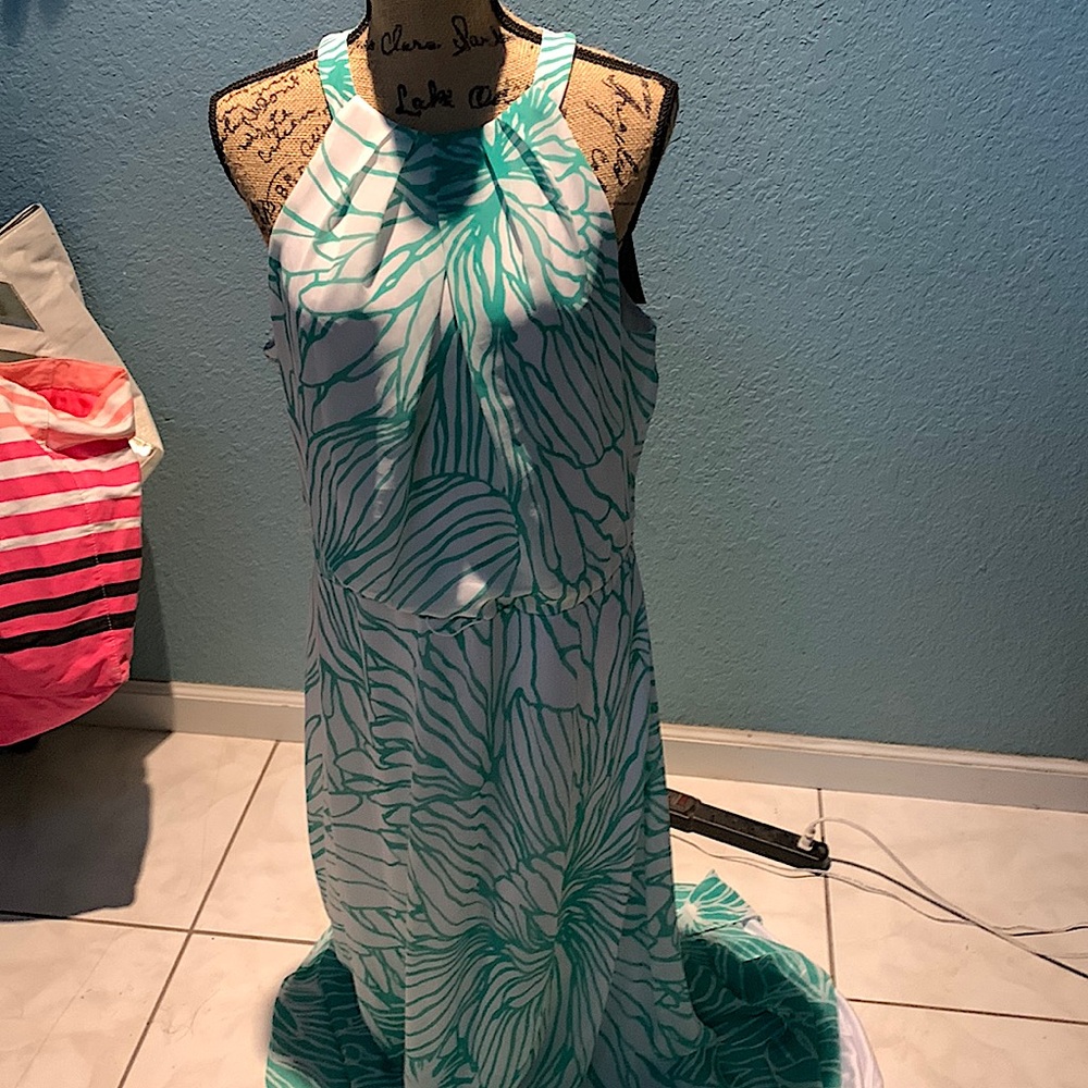 NWT R&K white with green maxi dress